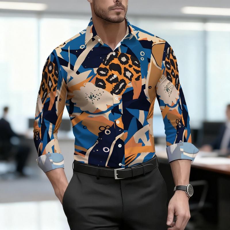 Men's shirt retro fashion printed shirt slim fit business commuting long sleeved shirt spring and autumn trendy casual men's top