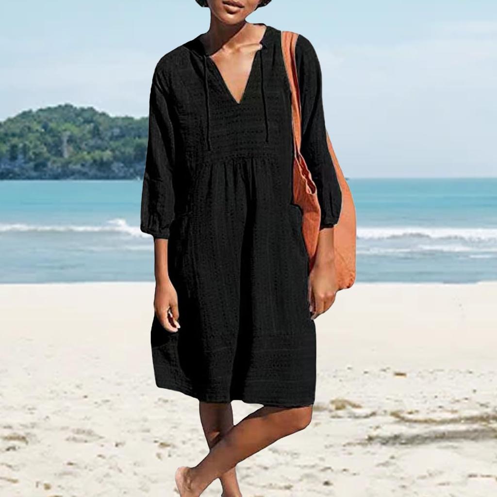 Dámské barevné bavlněné lněné šaty s V-výstřihem, ležérní volné šaty s kapsou