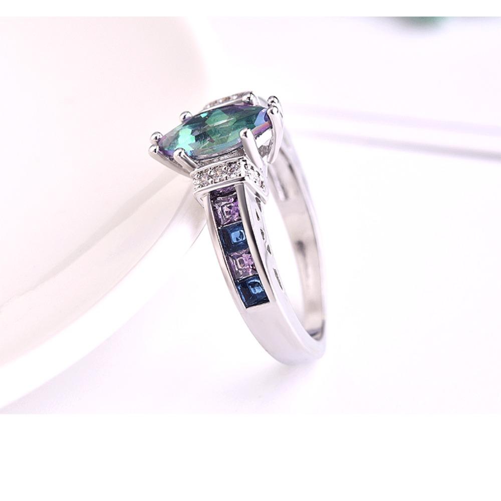 Women Marquise Amethyst Ring Rainbow 3A Zircon White Gold Silver Plated Elegant Ring