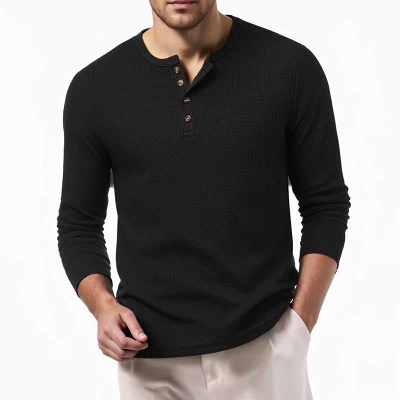 Men's Waffle Knit Henley Neck Long Sleeve Casual Solid Color T-Shirt
