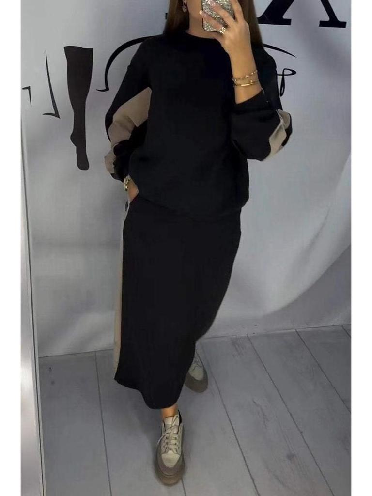 Women's Color Block Hoodie and Skirt Set - Casual Loose Fit, Mid-Length, 2025 Spring/Autumn Collection