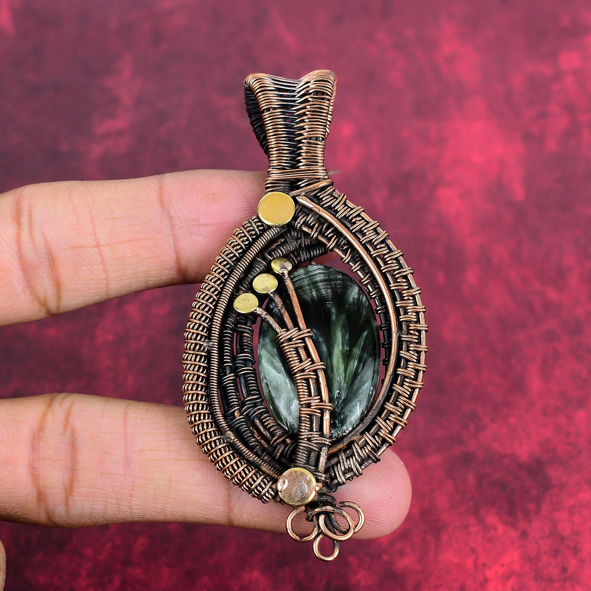 Seraphinite pendant copper wire wrapped pendant seraphinite gemstone jewelry handmade stylish pendant copper wire wrap jewelry gifts for him