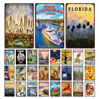 Heißer Verkauf Berühmte Stadt Tourismus Miami Rom Paris London Blechschild Klassische Architektur Retro Dekorative Metallplakette Eisenlackierung