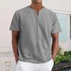Men's Casual V-Neck Short-Sleeve Shirt - Cotton Solid Color, Breathable Button-Up Top