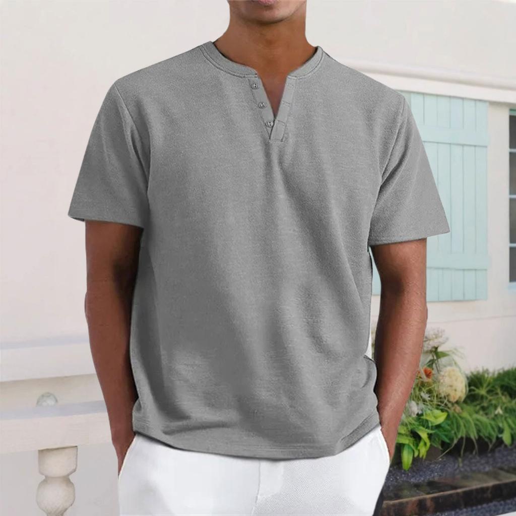 Men's Casual V-Neck Short-Sleeve Shirt - Cotton Solid Color, Breathable Button-Up Top
