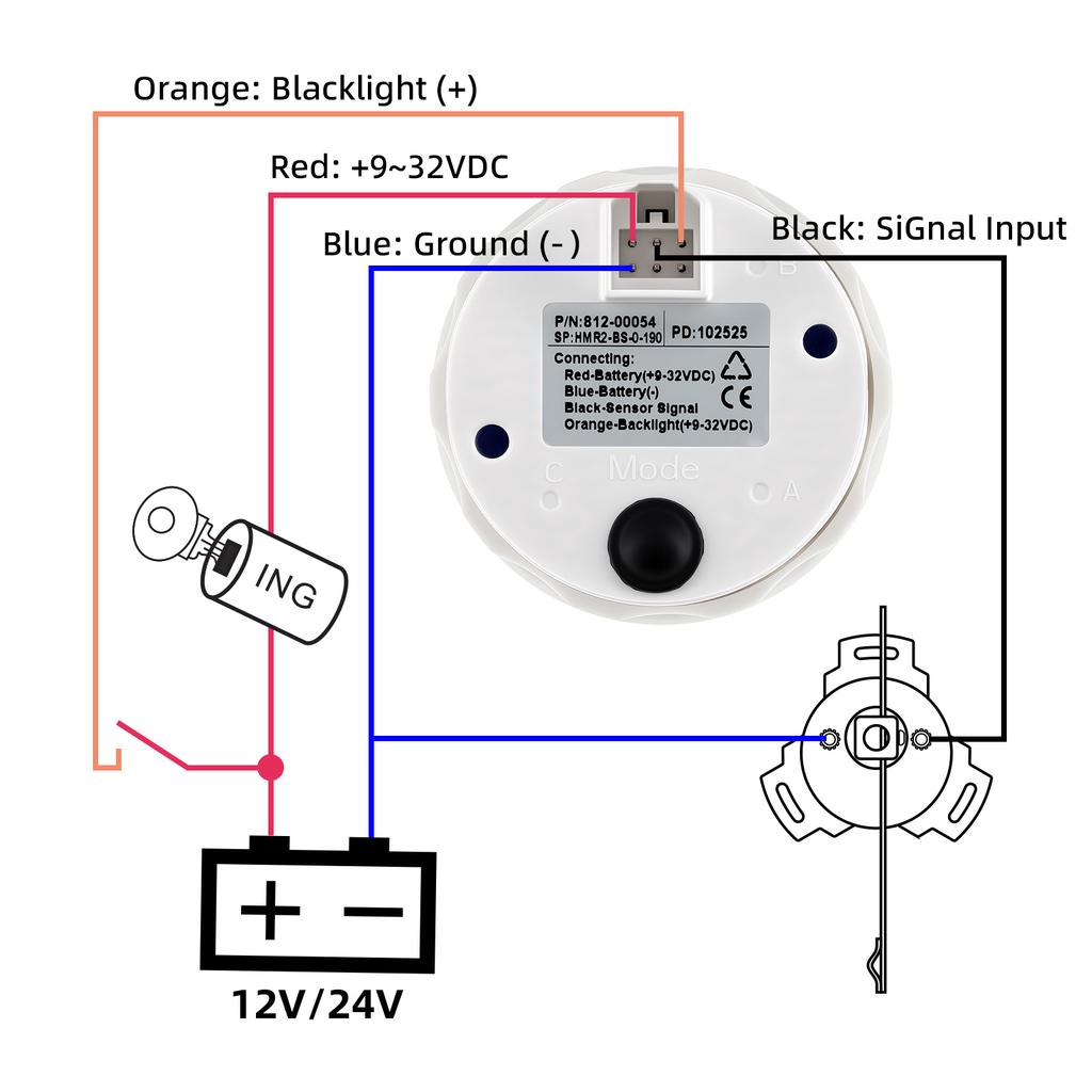 52MM Ruderwinkelanzeige mit 8-farbiger Hintergrundbeleuchtung Wasserdichte Ruderpositionanzeige mit Sensor 0-190 Ohm für Boot Yacht Marine