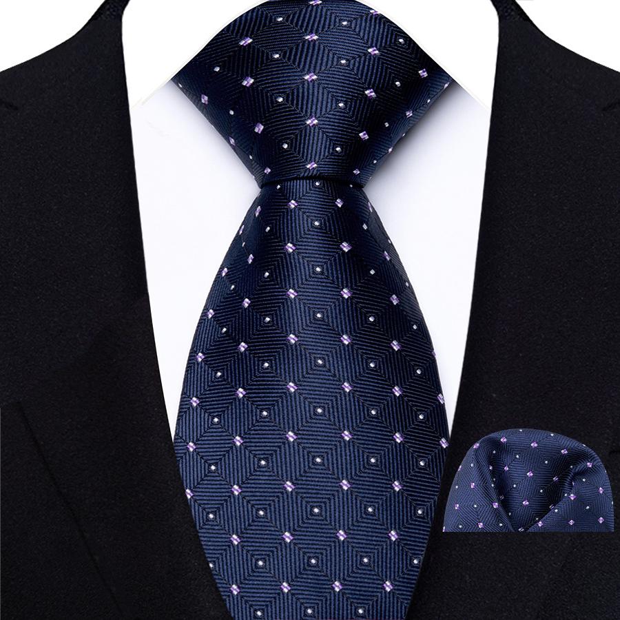 Classic Mens 8cm Tie Set Navy Polka Dot Stripes Tie For Men Wedding Business Party Fashion Design Quality Hanky Necktie Set