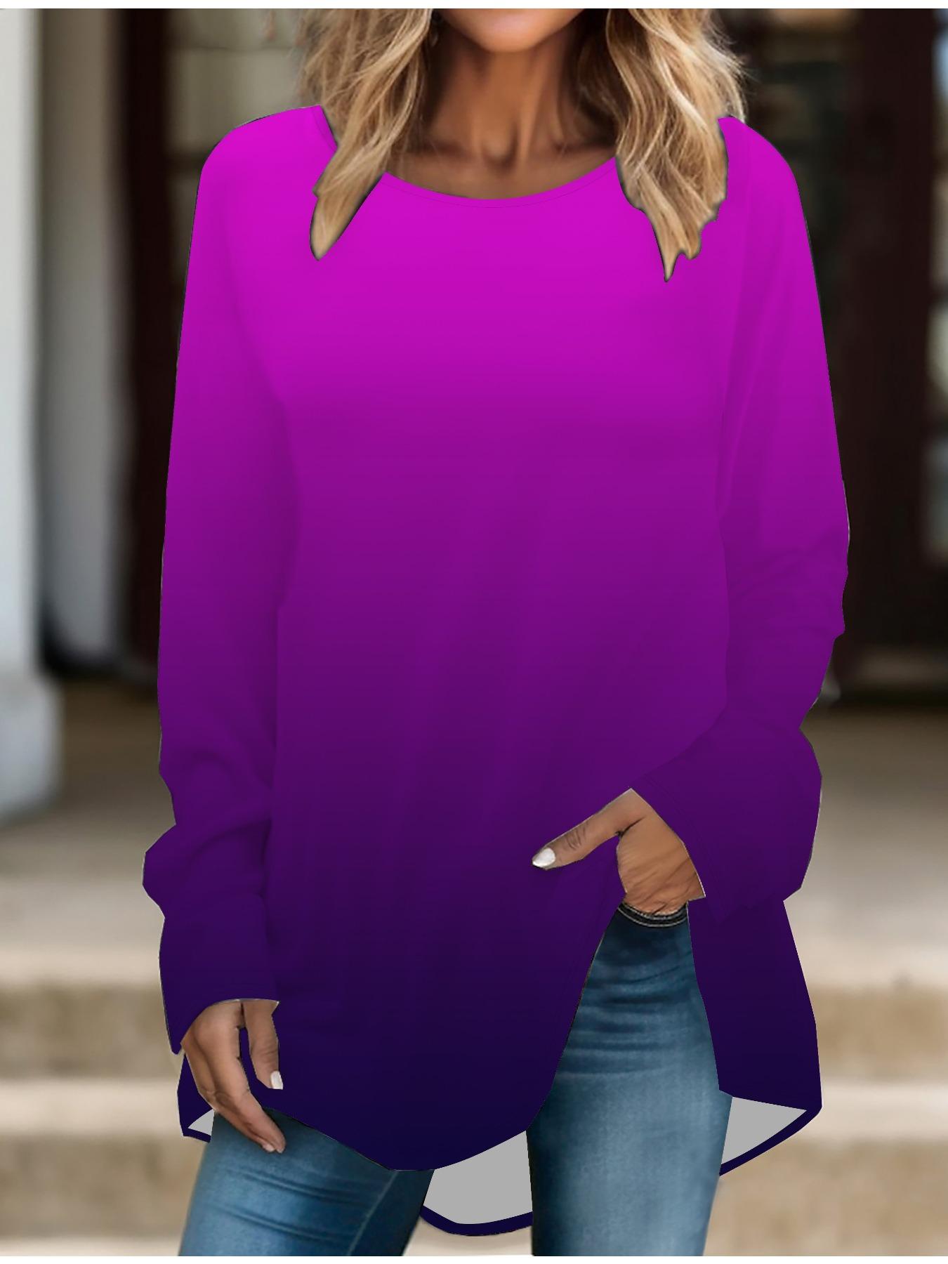 

Женская футболка больших размеров на весну, удобная, с длинным рукавом, круглым вырезом, с принтом градиентного цвета, повседневная, свободного кроя, средней длины 8XL розовый