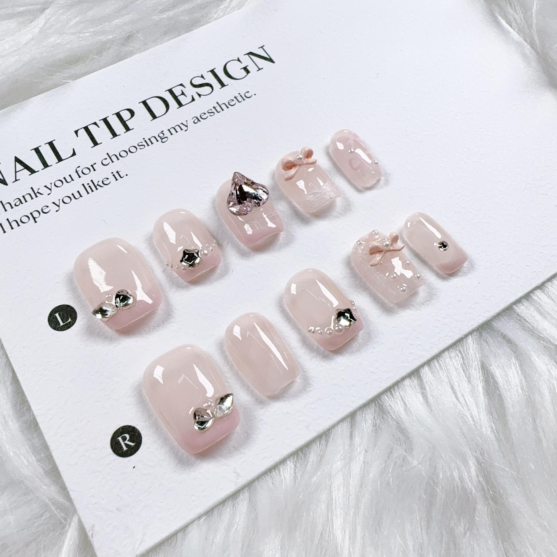 Heart Star Pink Diamond Bow Lattice French Short Hot Girl Ins Style Wearable Nails