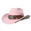 Autumn and winter men's and women's rolled-edge cowboy hat with heavy-duty belt decoration and patches