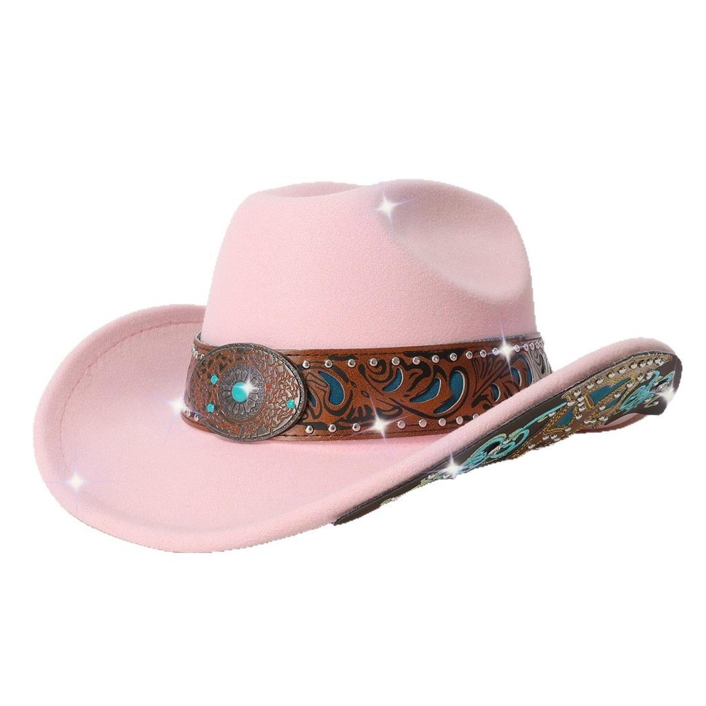 Autumn and winter men's and women's rolled-edge cowboy hat with heavy-duty belt decoration and patches