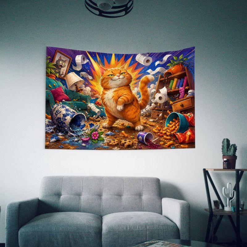 Orange Cat Chaos Explosion Room Wall Tapestry Funny Kitten Knocking Vase Toilet Paper Snack Cartoon Illustration Bedroom