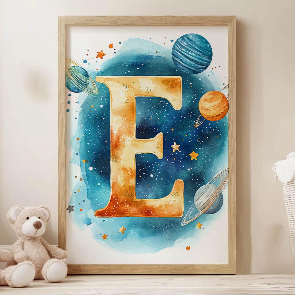 Kosmiczna Litera E - Plakat Dekoracyjny Do Pokoju Dziecięcego Kosmiczna Litera E - Plakat Dekoracyjny Do Pokoju Dziecięcego, 50X70 Cm, Rama Drewniana