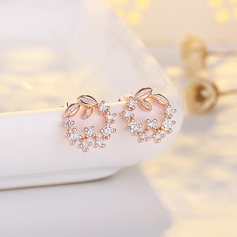 Elegant Rose Gold Leaf Garland Earrings, Silver Needle Fashion Jewelry For Women Fine Gift & Matching