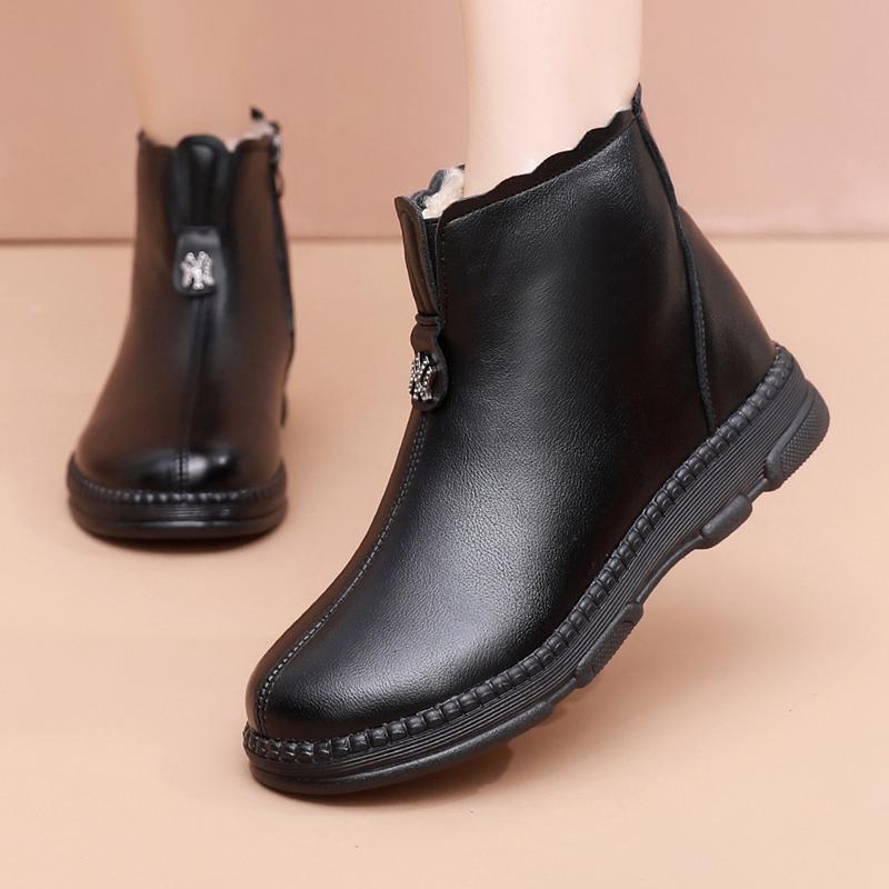 Winter Women Genuine Leather Flats Casual Ankle Boots Women's Thick Plush Warm Snow Boots Mother Waterproof Non-slip Booties