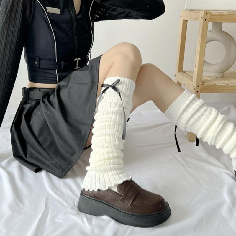 Women Harajuku Gothic Ribbed Knit Leg Warmer Socks Japanese Sweet Ribbon Bowknot Lettuce Ruffled Hem Foot Cover Stocking