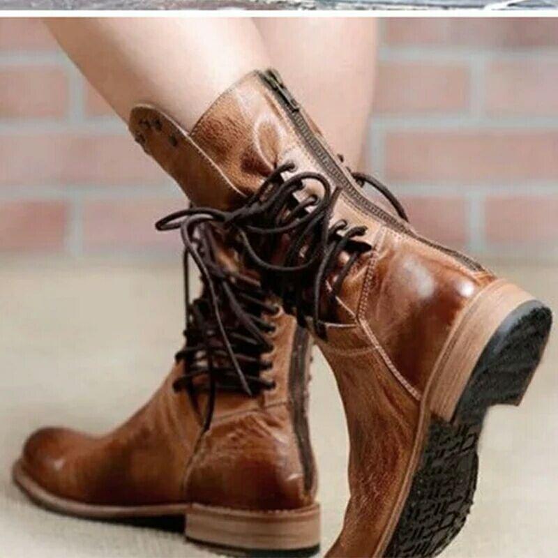 Wish Large Size Square Heel Flat Bottom Martin Boots Women's Autumn and Winter New Straps Rivet Medium Boots