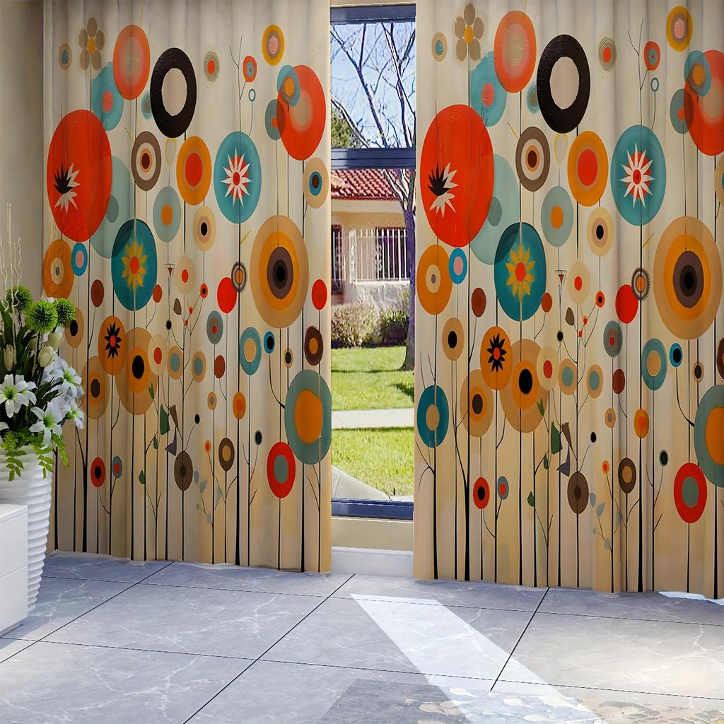 2pcs/set, Boho Geometric Polka Dot Digital Printing Curtain Living RoomCurtain, Blocking Curtain, Translucent Curtain Indoor Out