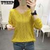 Women's Knitwear Hollow Long Sleeve Bottoming Shirt Spring and Autumn V-neck Thin Knitted Pullover Outfit Korean Style Sweaters