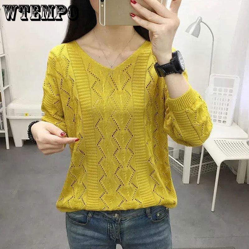 Women's Knitwear Hollow Long Sleeve Bottoming Shirt Spring and Autumn V-neck Thin Knitted Pullover Outfit Korean Style Sweaters