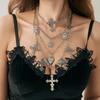 Gothic Punk Metal Cross Love Pendant Necklace, Dark Fringed Chain Collarbone Chain