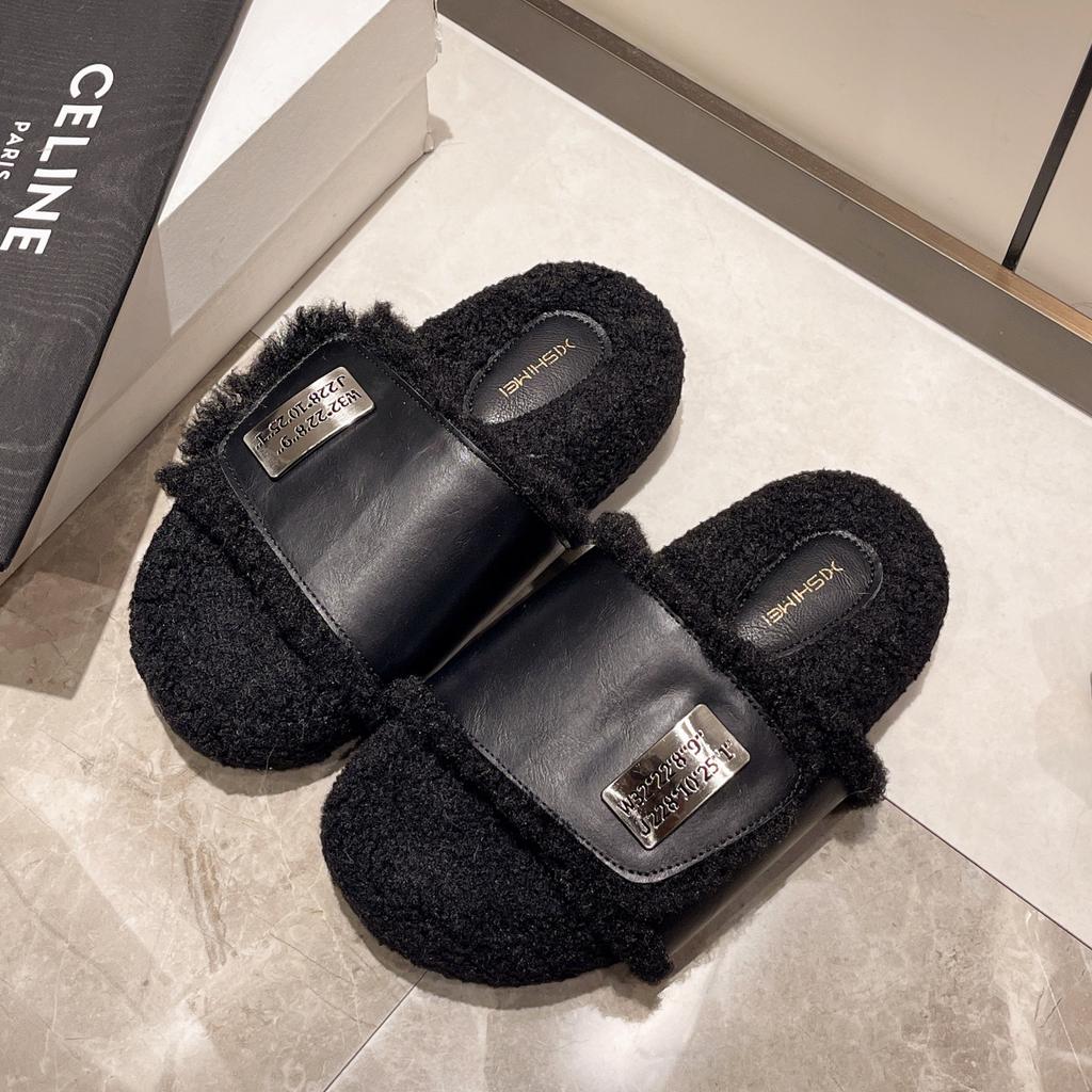 Foreign Style Red Plush Slippers Women's Autumn New Fashion Plush Slippers Small Height-increasing Lamb Wool Slippers