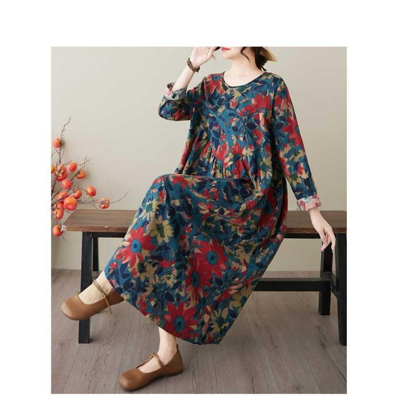 Frühling und Sommer Neuer Stil Retro Baumwolle und Hanf Rundhals Tasche Langarmkleid Damen Locker Dünn A-Linien-Rock