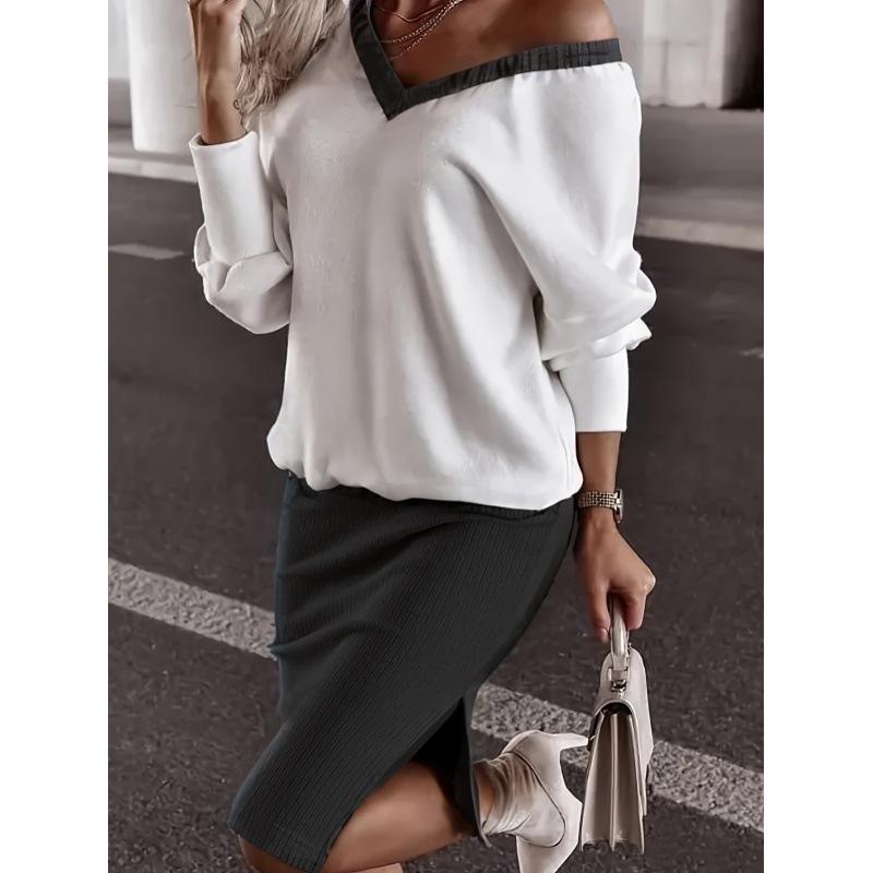 Women's Casual V-Neck Hoodie and Skirt Set