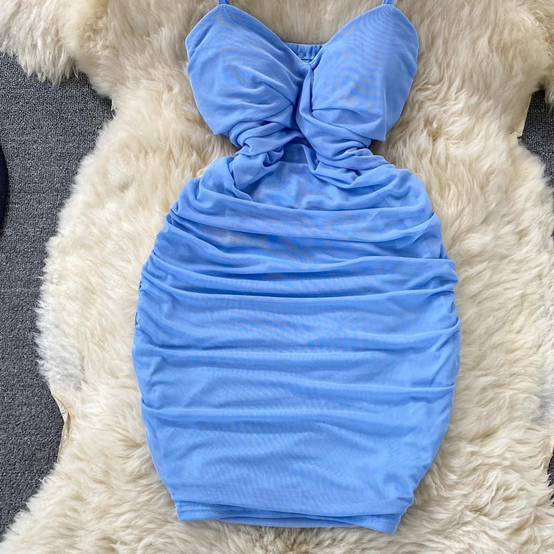 RUGOD Sexy Hot Girl Backless Suspender Dress Women's 2022 New Summer Blue Tight Hip Short Dress