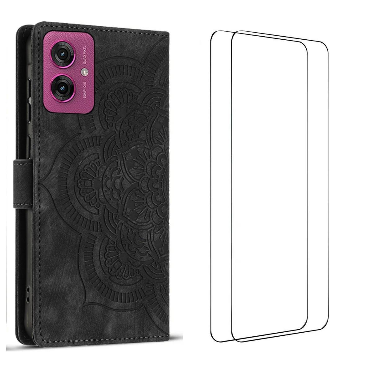 

For Motorola Moto G55 5G Case with 2Pcs Tempered Glass WANLONFENG MTL Series Mandala Leather Phone Cover Black