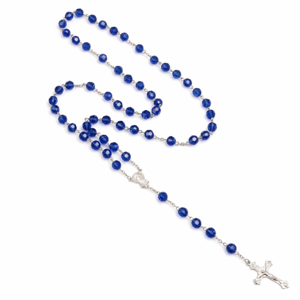 Long Chain Cross Pendant Necklace 8mm Beads Crucifix Pendant Chain Rosary Necklace  Lady Jewelry