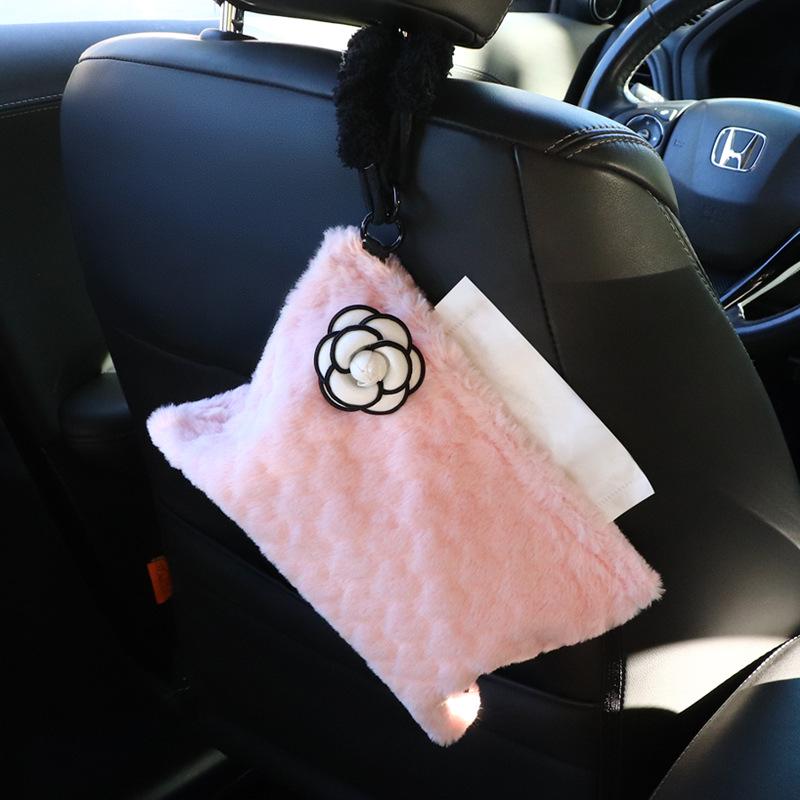 Camellia Love Plush Car Tissue Box - Hanging Armrest & Center Console Decor.