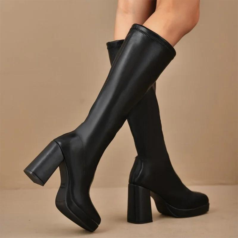 Fashion Plus Size High Heels Boots for Women Square Heeled Chunky Platform Knee-High Boots Woman 2025 Winter Thick Sole Square Toe Boots