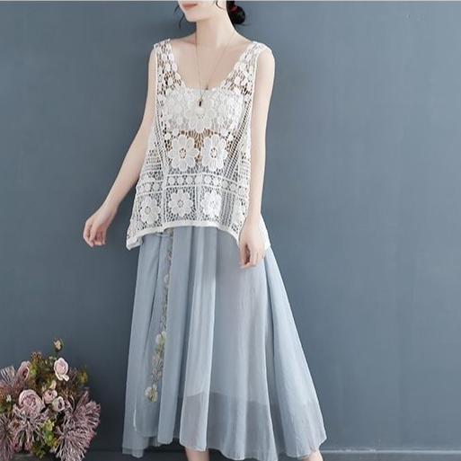 Vintage Women's Lace Vest Summer Thin Jacquard Vest Cotton Black Loose Openwork Embroidered Vest