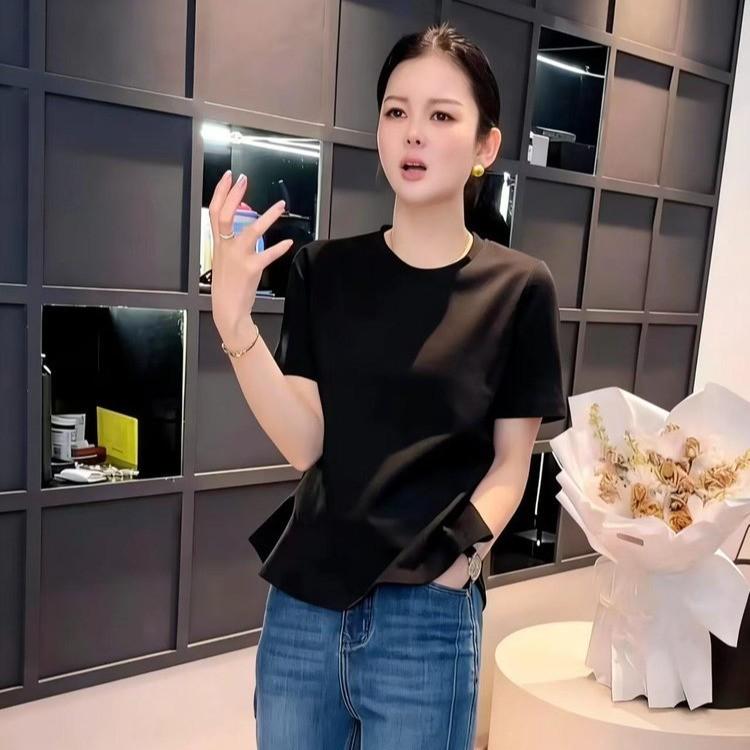 

Women s Summer 2025 Petal Hem Ruffle Top, Elastic Round Neck, Short Sleeve, Loose Fit 4XL (135-145 jin) чёрный