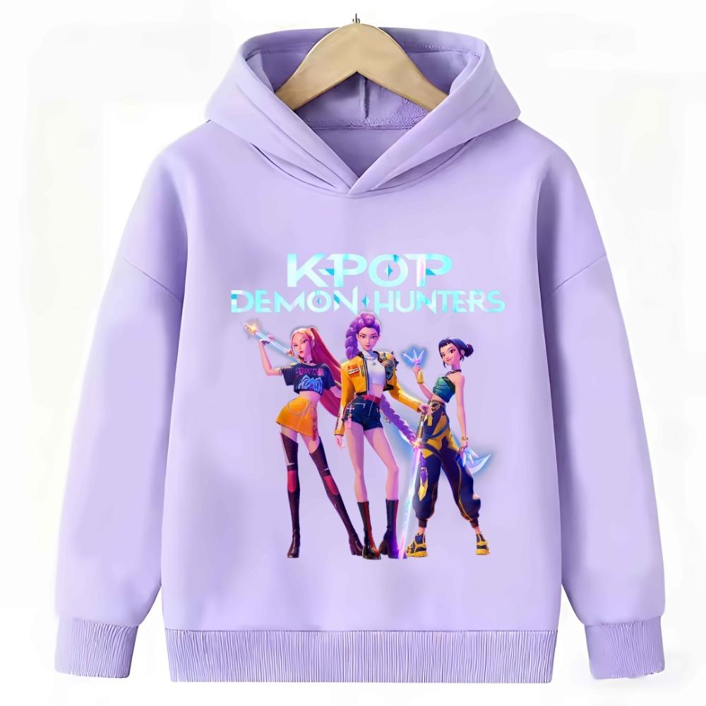 Purple Sweatshirt KPop Demon Hunter Rumi Derpy Cartoon Warm and Thick, Fashionable Casual Top Printed Hoodie for Boys and Girls