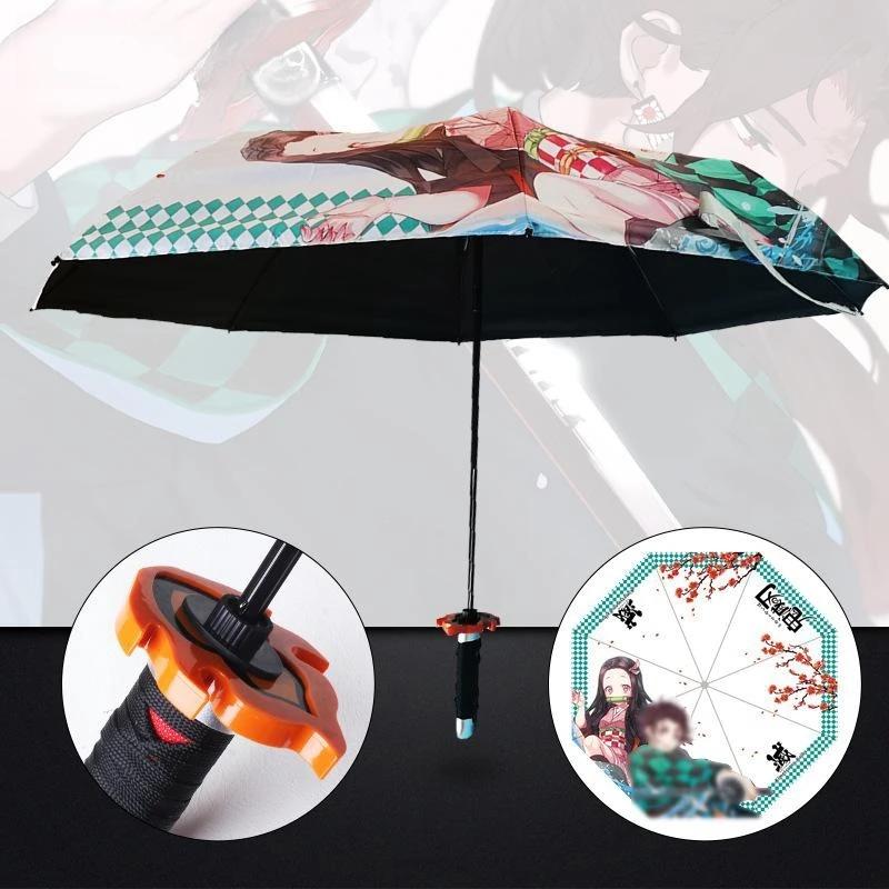 Anime Demon Slayer Katana Regenschirm Faltbar UV-Schutz Sonnenschirm Kimetsu No Yaiba Tanjirou Japanisches Katana Samurai Schwert Regenschirme
