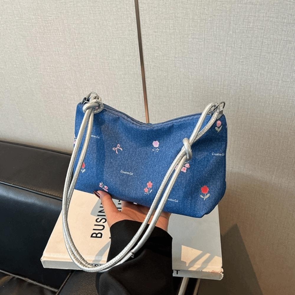Korean Bow Underarm Bag Blue Women's Handbag Trendy Denim Shoulder Bag Female