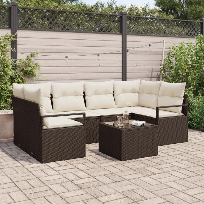 7-Piece Garden Sofa Set with Brown Cushions Poly Rattan, 2-Seater Garden Sofa with Brown Cushions Poly 3346278