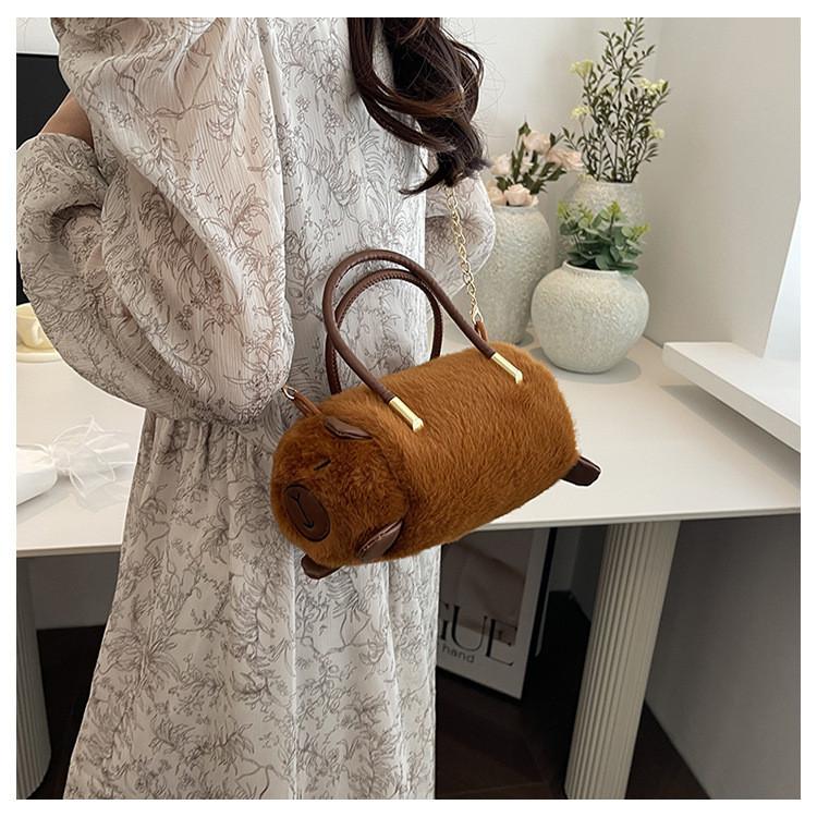 Bolsa Transversal de Pelúcia Capivara Ovelha Com Corrente de Zíper Para Meninas e Adolescentes
