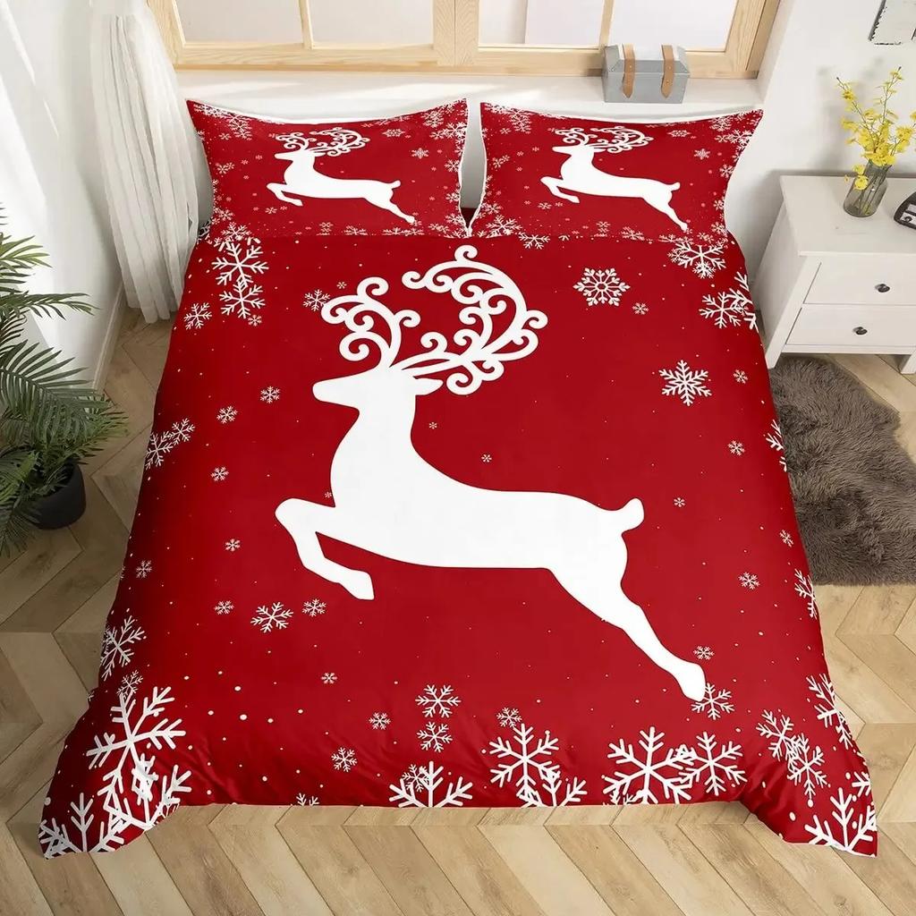 Frohe Weihnachten Bettbezug-Set, Rot kariert Rustikaler Truck Bettdeckenbezug, Karierte Weihnachtsbaum Elch Hirsch Schneeflocke Bettwäsche-Sets