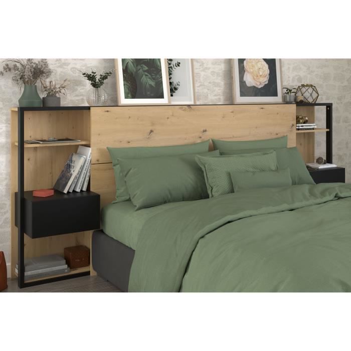 PARISOT Tête de Lit avec étagères + chevets intégrés - Décor chêne et noir - L 255 x P 36 x H 103 cm - WHITE