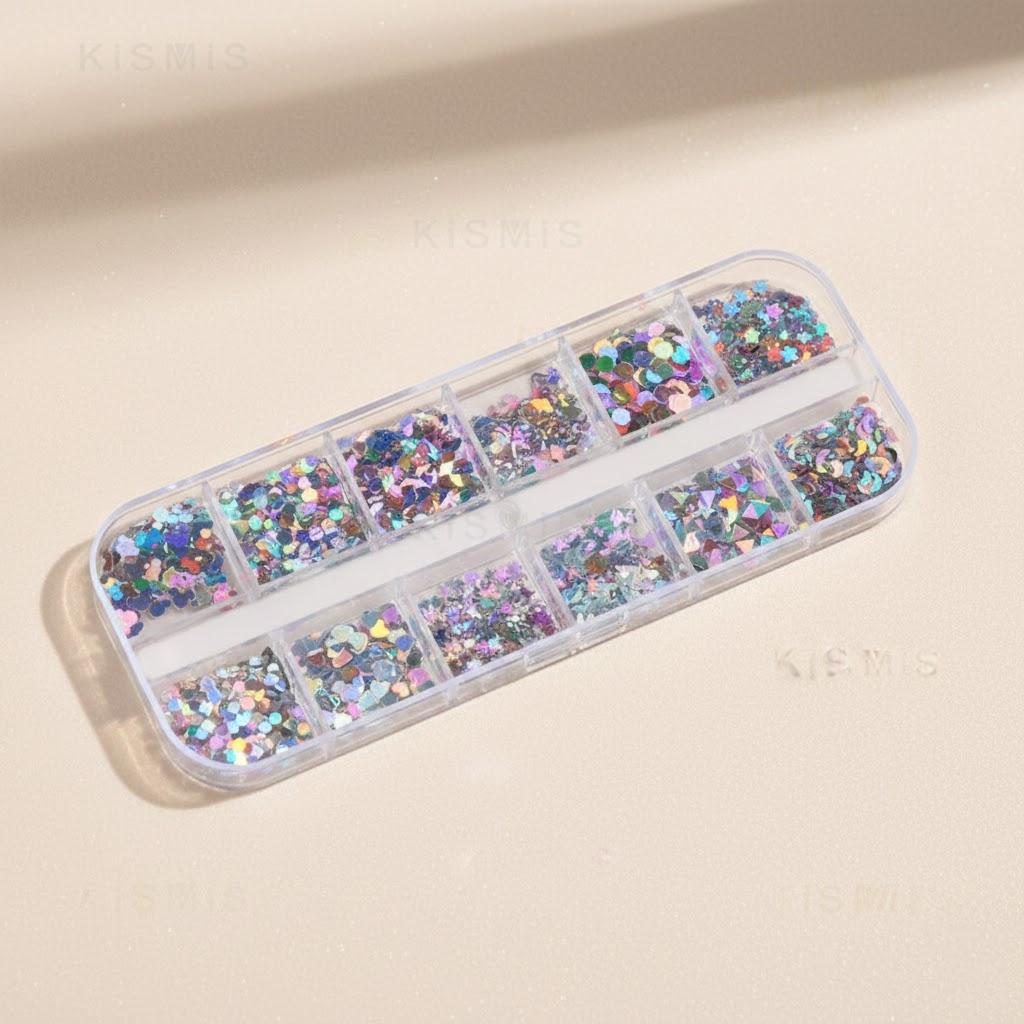 

12 Grids Holographic Nail Glitter Sequins Sparkly 3D Thin Butterfly Round Stars Geometric Flakes Decorations