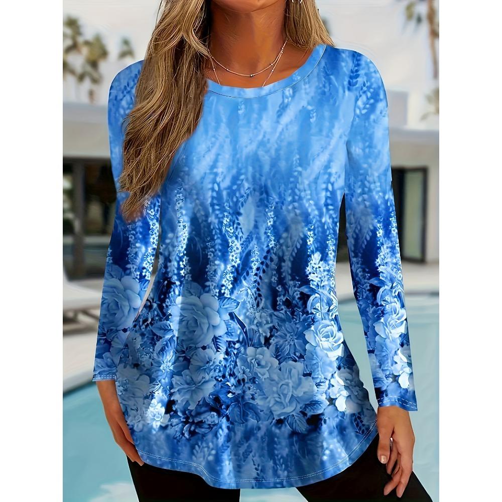 Ladies' Elegant Floral Printed T-shirt - Comfortable Round Neck Long Sleeve Top