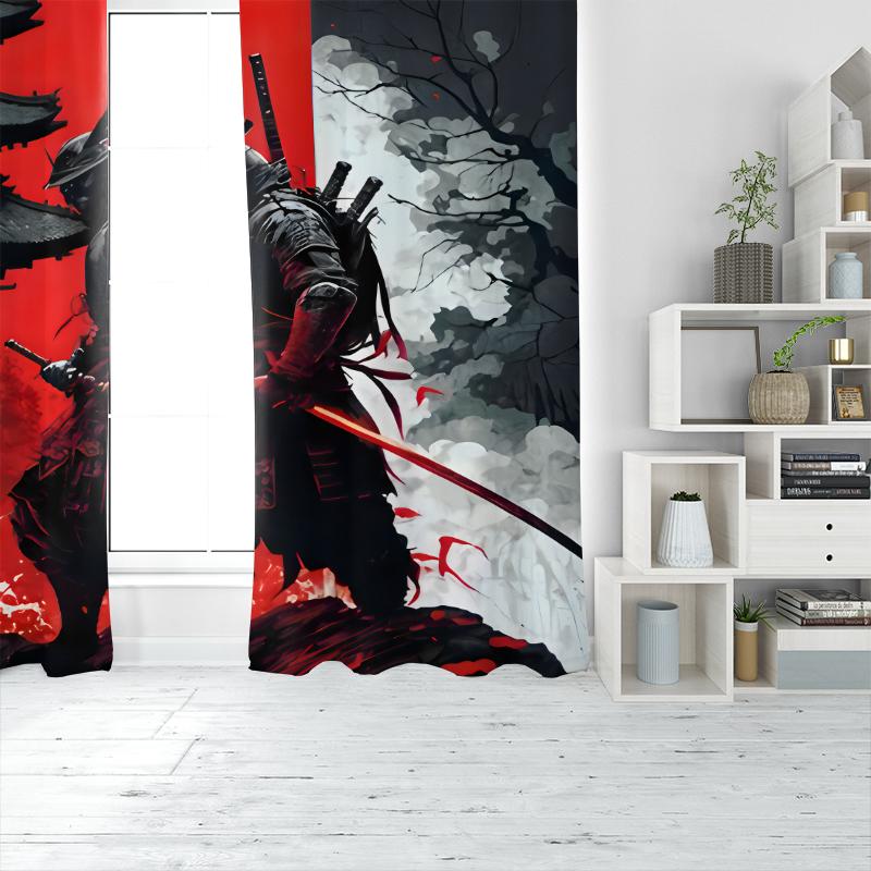 2pcs- Ink-wash style Sunset Warrior Polyester curtains, pole bag curtains 42*84, bedroom, living room, home room decoration