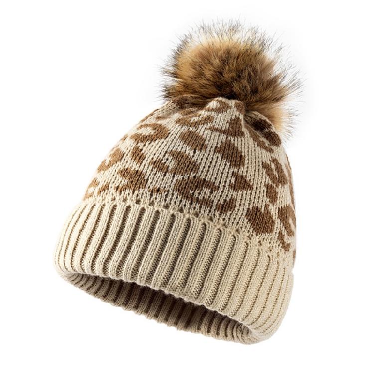 Leopard-print Knitted Wool Cap for W/Pompon Women Beanie Outdoor Casual Winter H бежевый