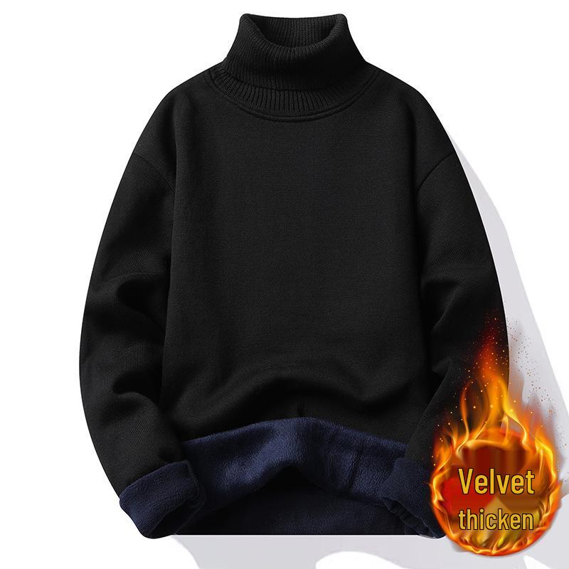 Men's Plus Velvet Thick Knitwear: Wear-Resistant High-End Wool Sweater with Fold-Over Neck.