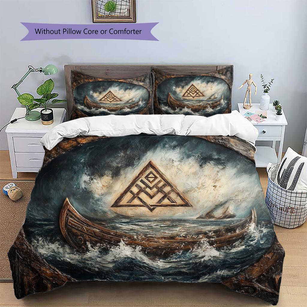 Viking Longship Pattern Bedding Home Decoration Birthday Gift (1 * duvet cover + 2 * pillowcase, without core)