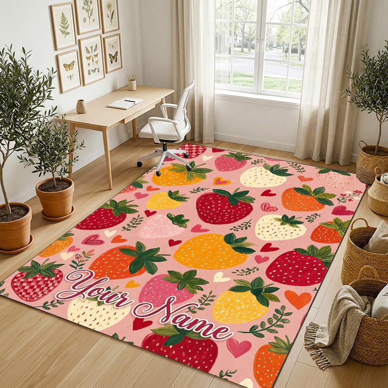 Strawberry Theme Soft Crystal Velvet Rug Custom Name & Text Print Non Slip Floor Rug for Bedroom Living Room