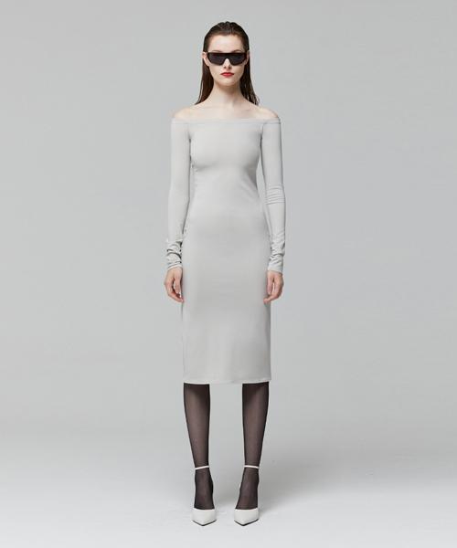 Lady Volume Off Shoulder Line Dress_Light Gray